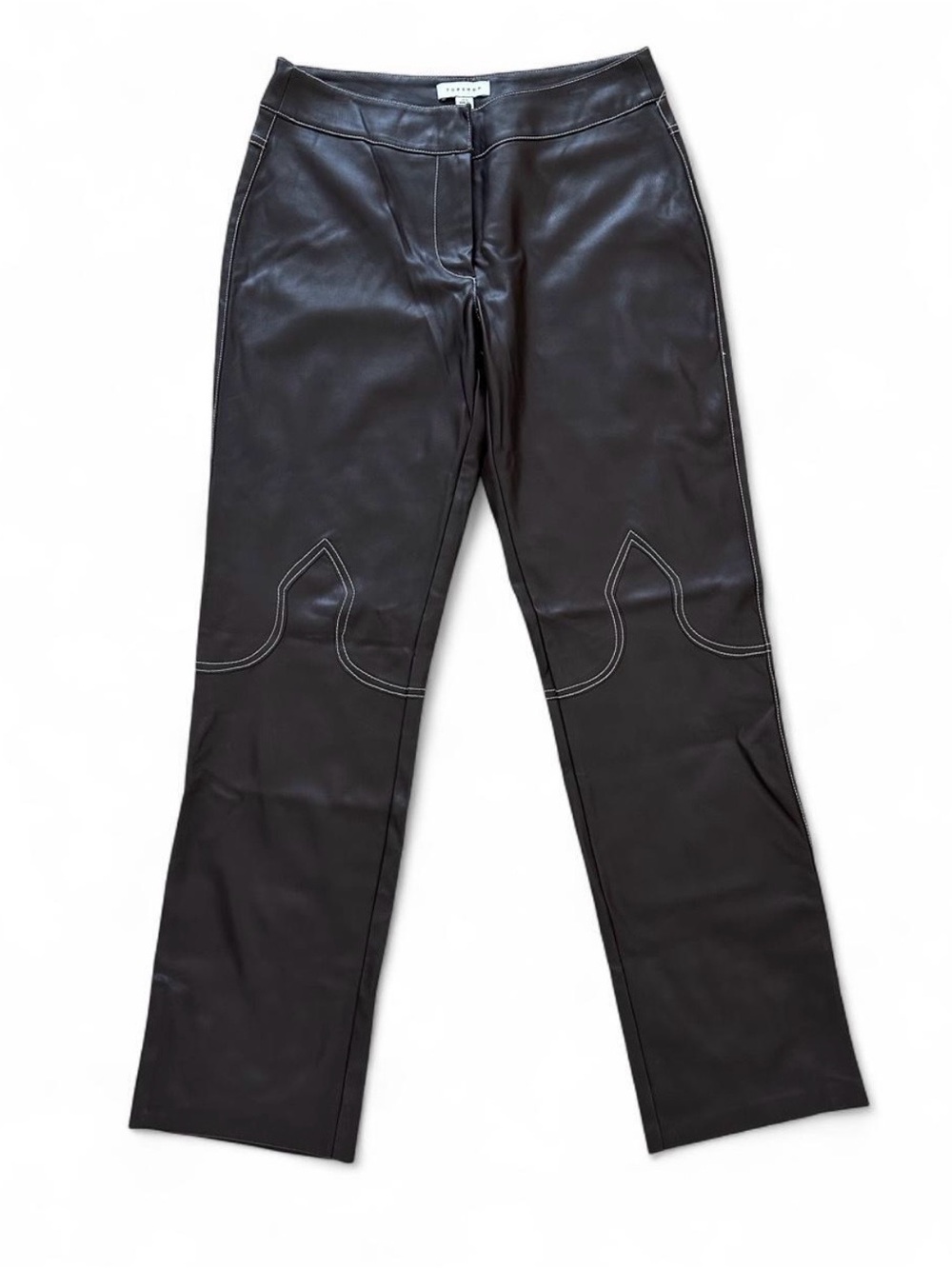 Topshop Women Western Patch Faux Leather Pants Brown Straight Leg Size 4
